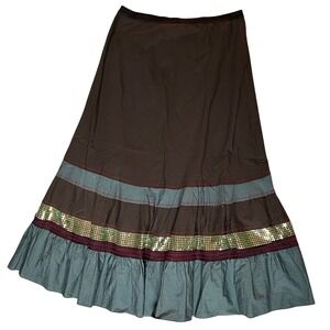 Anthropolgie Aquarius Boho Tiered Maxi Skirt Brown‎ with Sequins, Women's Size M